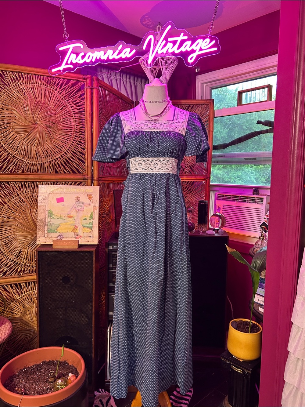 Vintage 1960s Handmade Navy Blue Maxi Dress with White Lace Insets